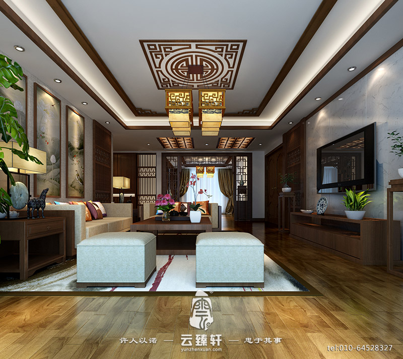 現(xiàn)代中式鏤空木格加大理石客廳電視背景墻裝修設(shè)計