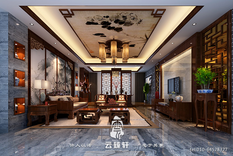 現(xiàn)代中式鏤空木格加大理石客廳電視背景墻裝修設(shè)計