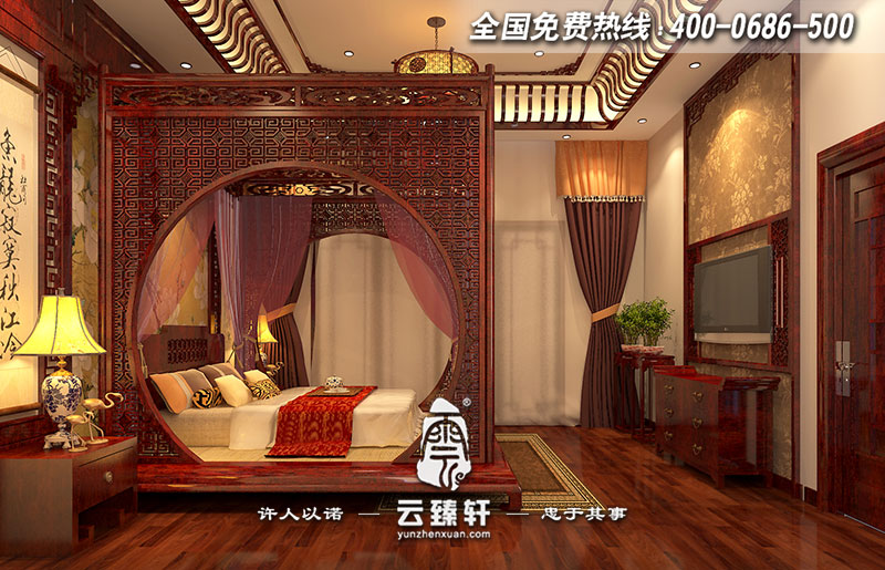 中式別墅主臥極具匠心的架子床設(shè)計(jì)效果圖